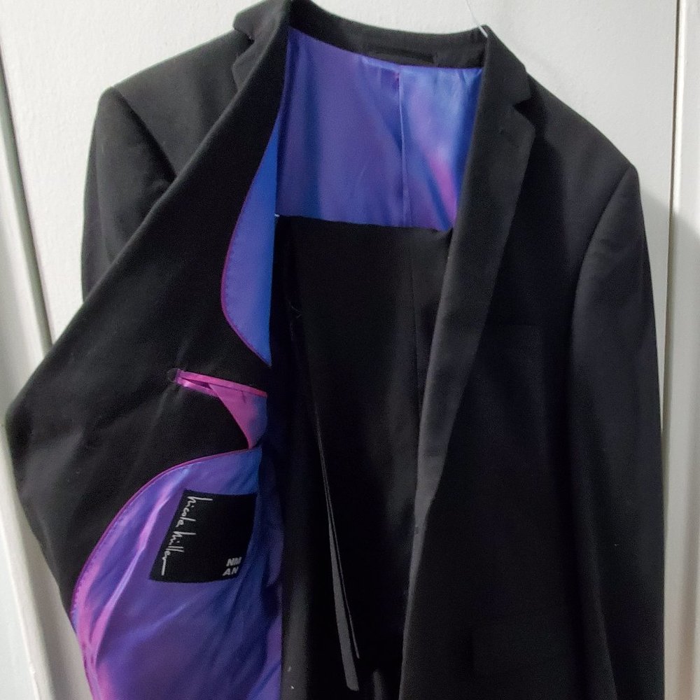 Men's Nicole Miller 2 Pcs Black Suit Jacket Sz 38R Pants Sz 31Wx30L Purple Liner